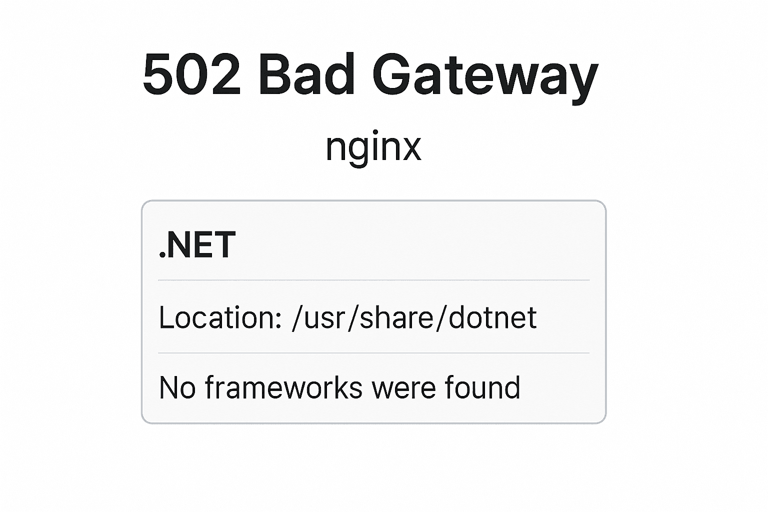 502 bad gateway nginx | .NET location: /usr/share/dotnet No frameworks were found