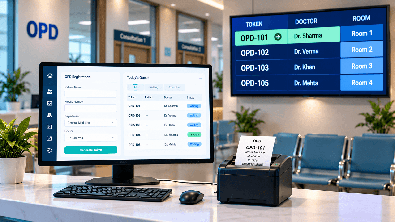 OPD Token Display & Queue Management System in Ranchi: Software, TV & Printer Integration